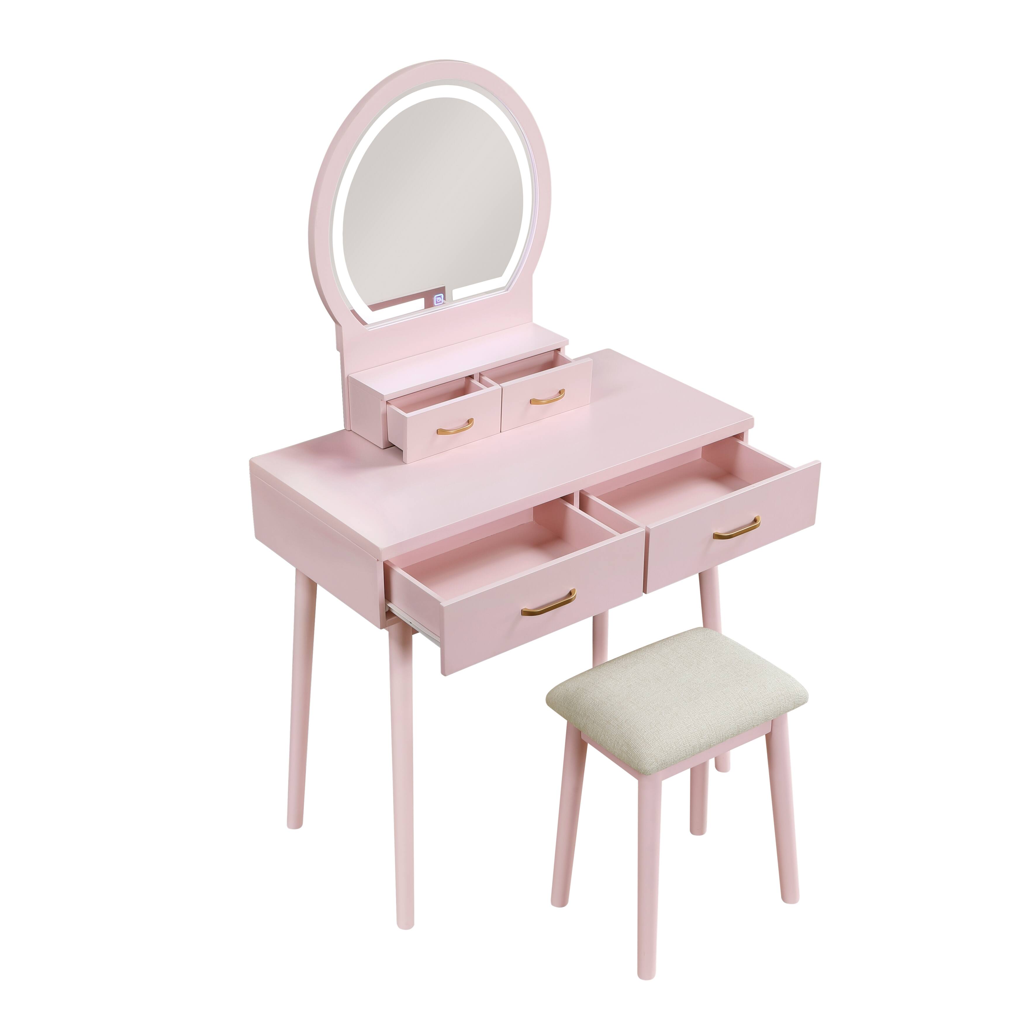 Back. APRILSOUL - Beautiful Pink Finish Vanity Dresser with Mirror and Stool Set Storage Drawers Bedroom Furniture 1pc - Pink.