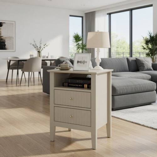 Angle. LUCKY ONE - 18" Assembled Fluted Nightstand 2-Drawer Gold Knobs - Beige.