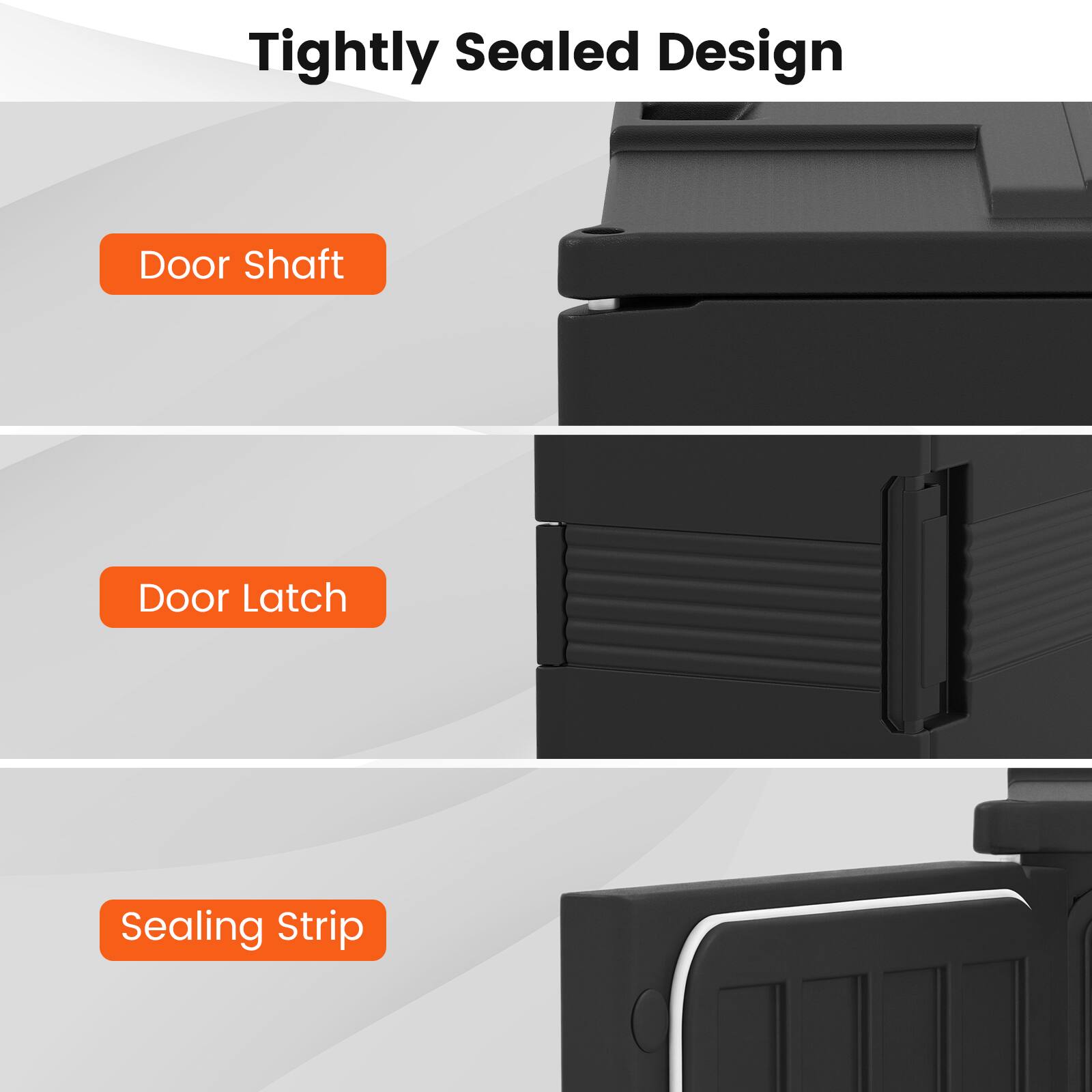 Tightly Sealed Design  
- Door Shaft  
- Door Latch  
- Sealing Strip