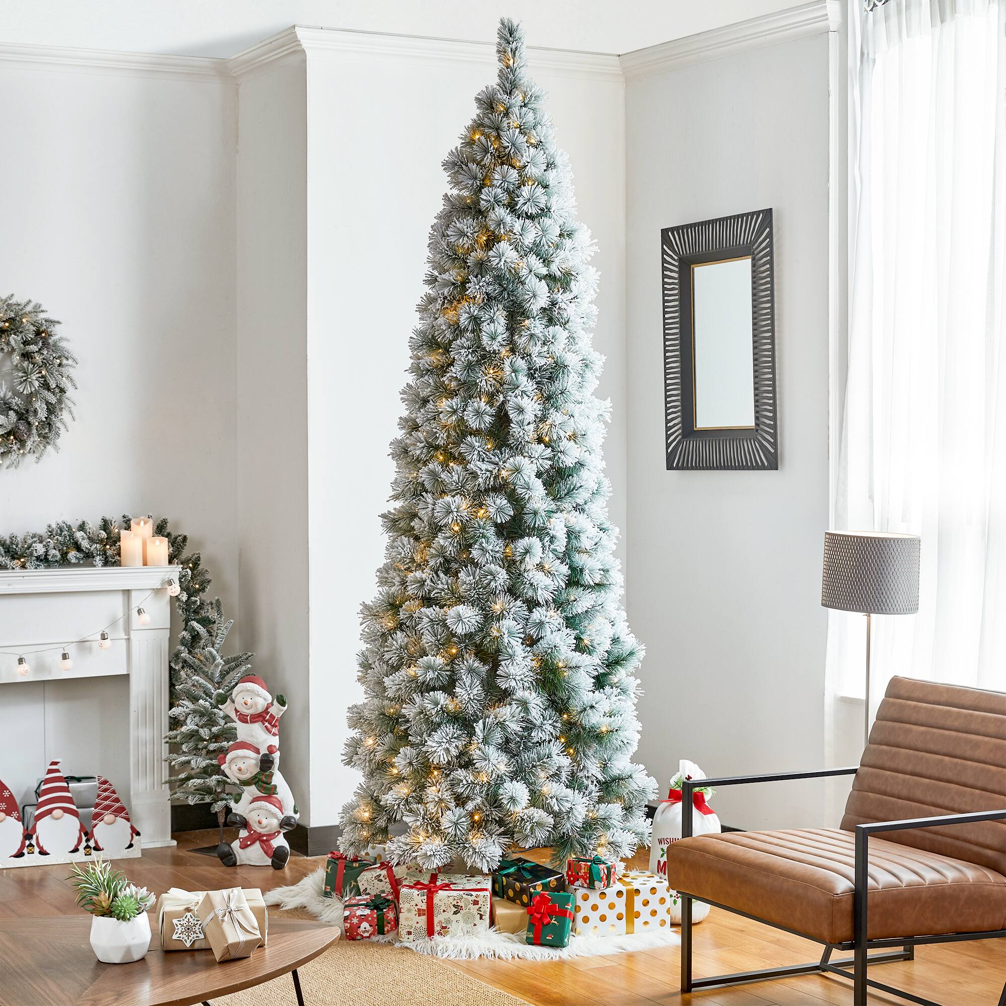 Alt View 5. Glitzhome - 9ft Pre-Lit Flocked Pencil Pine Artificial Christmas Tree with 500 Lights - White.