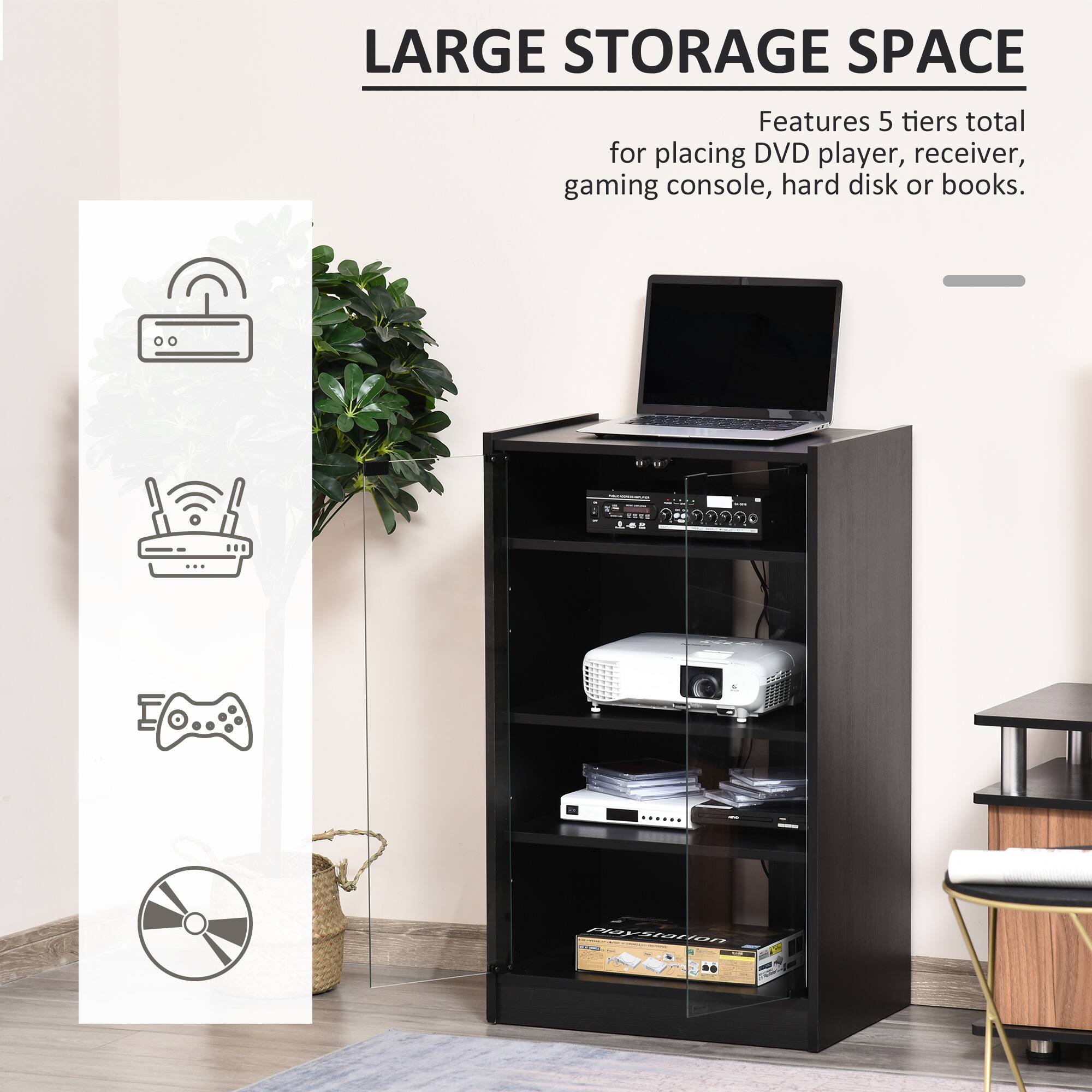 LARGE STORAGE SPACE
Features 5 tiers total for placing DVD player, receiver, gaming console, hard disk or books. Mystatton