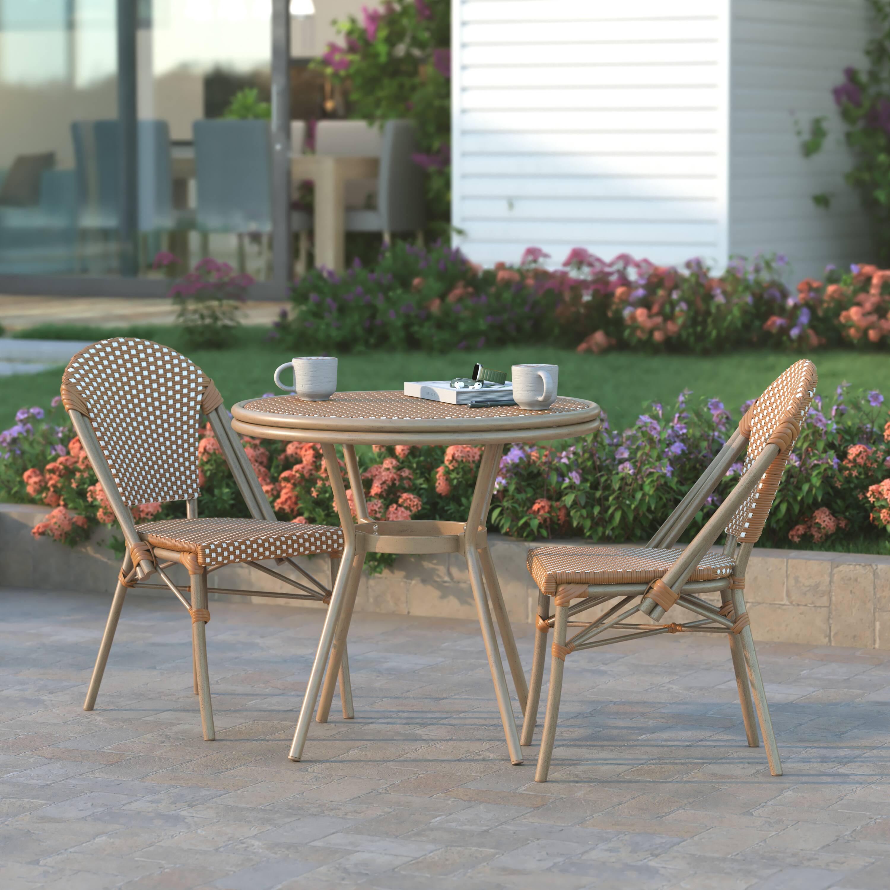 Alt View 3. Emma + Oliver - Colmar Indoor/Outdoor Bistro Style 31.5 in. Table with PE Rattan, Glass Top, and Bamboo Finished Metal Frame - Natural & White Rattan/Light Natural Frame.