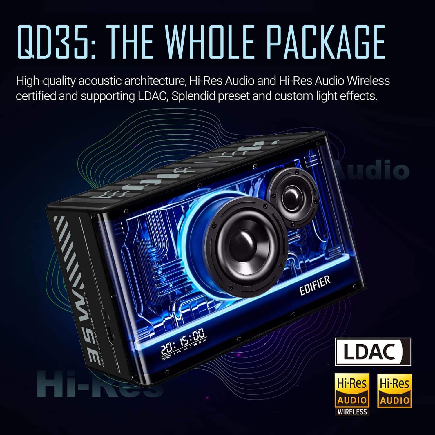 The image features a speaker system with a blue and black design, showcasing its high-quality acoustic architecture. The speaker system is Hi-Res Audio and Hi-Res Audio Wireless certified, providing users with an enhanced audio experience. The speaker also supports LDAC, Splendid preset, and custom light effects, adding to its appeal. The speaker system is advertised as a whole package, offering a complete audio solution for users.