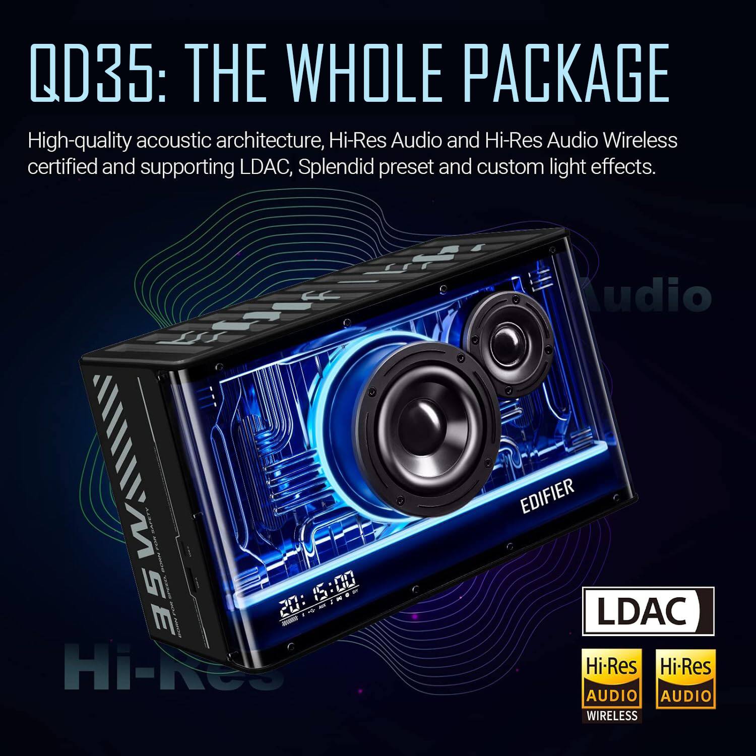 The image features a speaker system with a blue and black design, showcasing its high-quality acoustic architecture. The speaker system is Hi-Res Audio and Hi-Res Audio Wireless certified, providing users with an enhanced audio experience. The speaker also supports LDAC, Splendid preset, and custom light effects, adding to its appeal. The speaker system is advertised as a whole package, offering a complete audio solution for users.