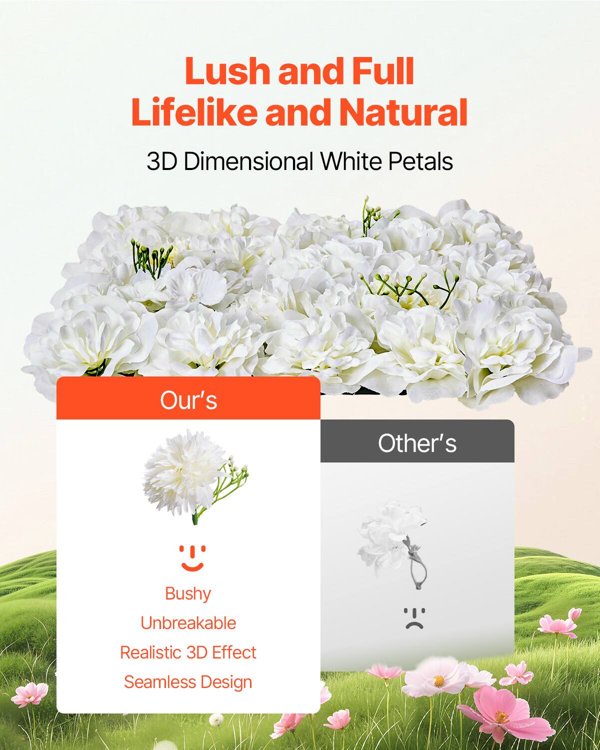 Lush and Full Lifelike and Natural 3D Dimensional White Petals

Our's
Bushy
Unbreakable
Realistic 3D Effect
Seamless Design

Other's