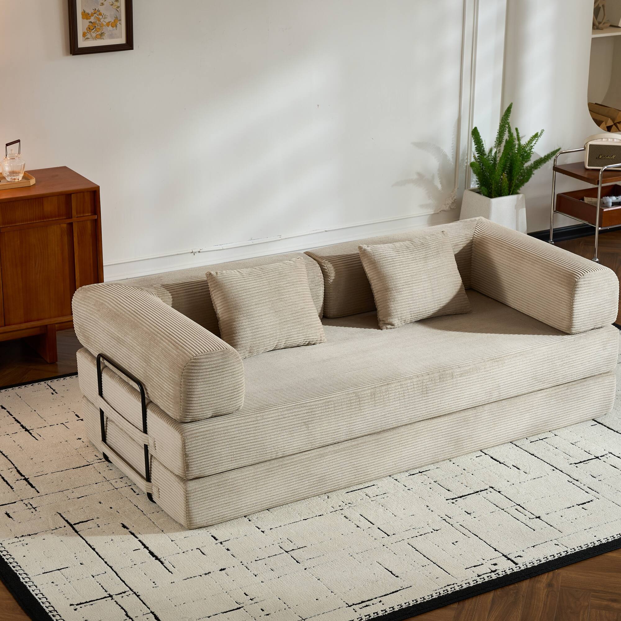 Alt View 5. GOODSILO - Convertible Sleeper Sofa in Cylindroy Fabric | Features a Cylindrical Pillow & Space-Saving Foldable Design - Beige.