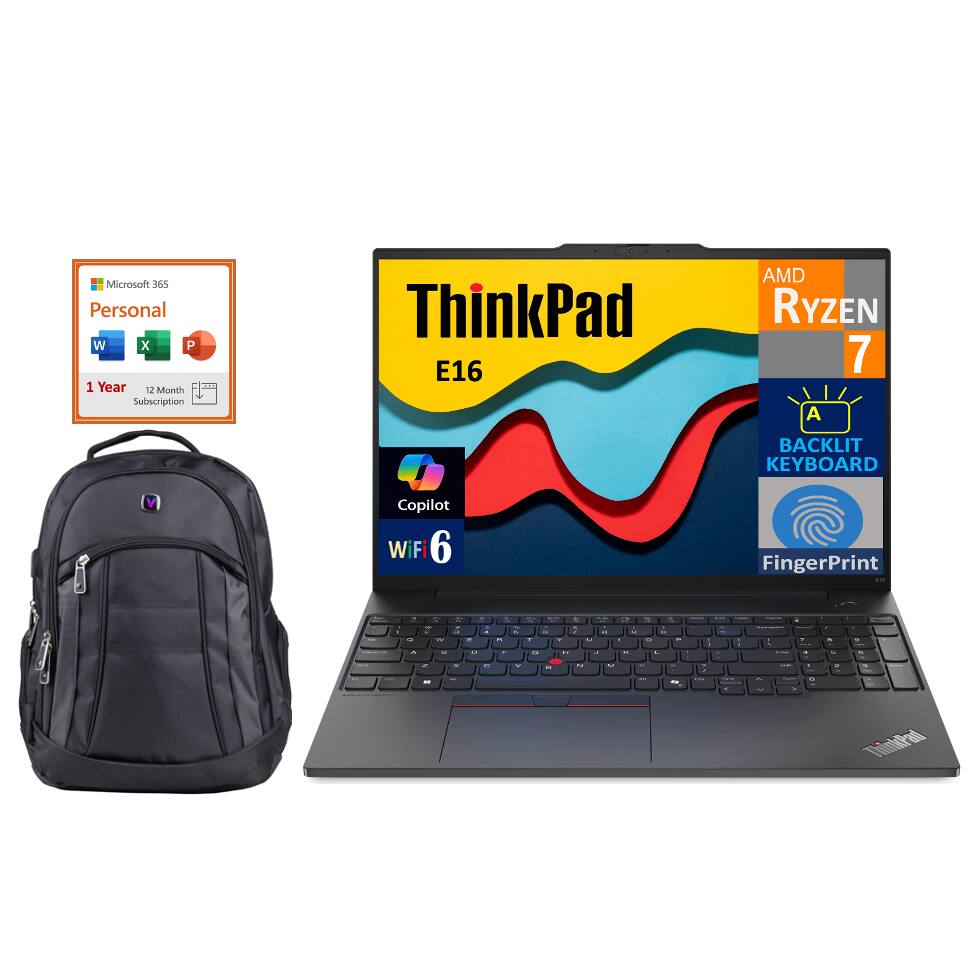 Microsoft 365 Personal  
1 Year 12 Month Subscription  

ThinkPad E16  
AMD Ryzen 7  
Backlit Keyboard  
Copilot  
WiFi 6  
Fingerprint