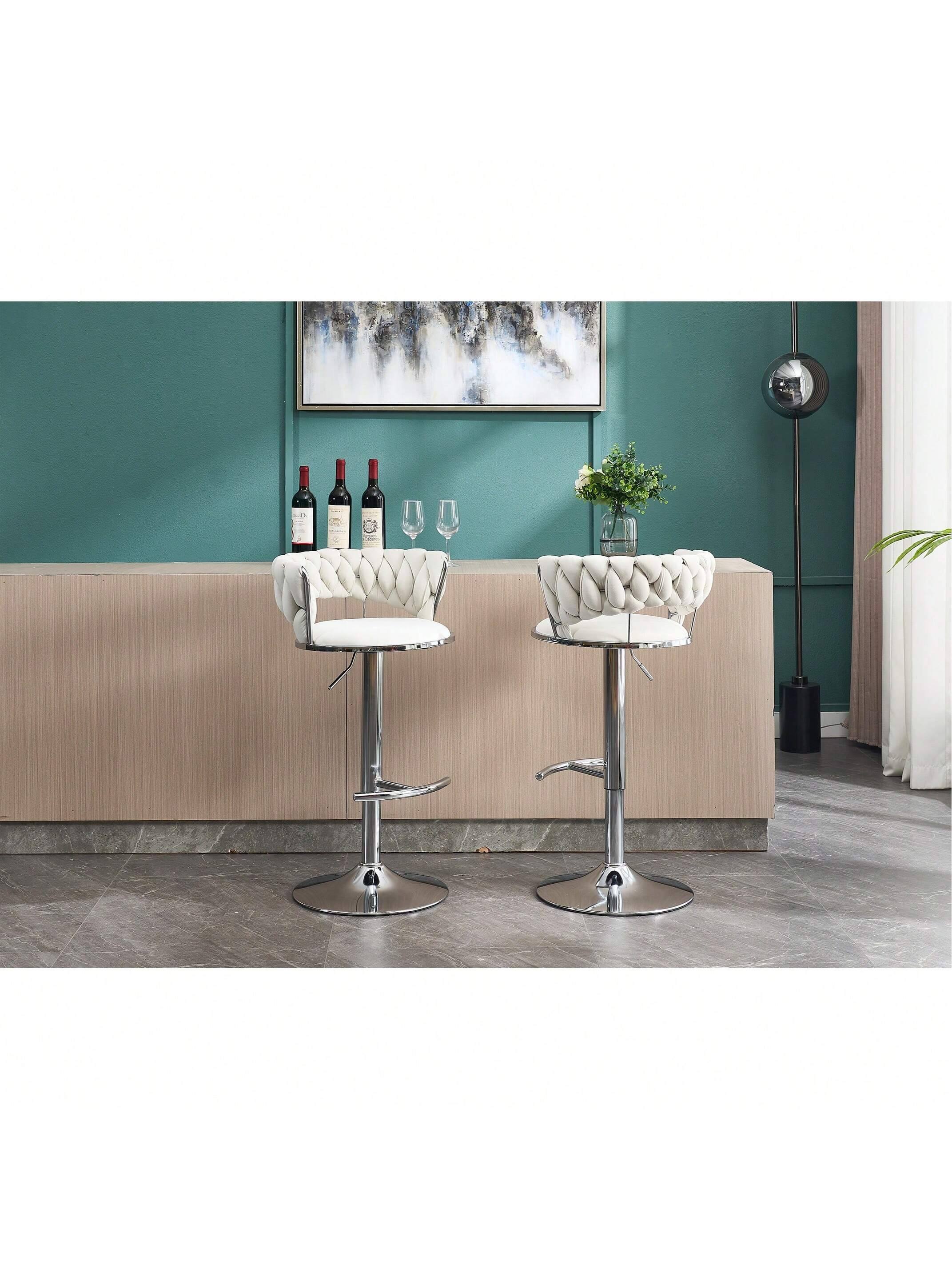 Alt View 1. Trinkets Crazed - Velvet Bar Stools Set Of 2, Modern Swivel Barstools With Woven Backrest, Adjustable Counter Stools - Cream.