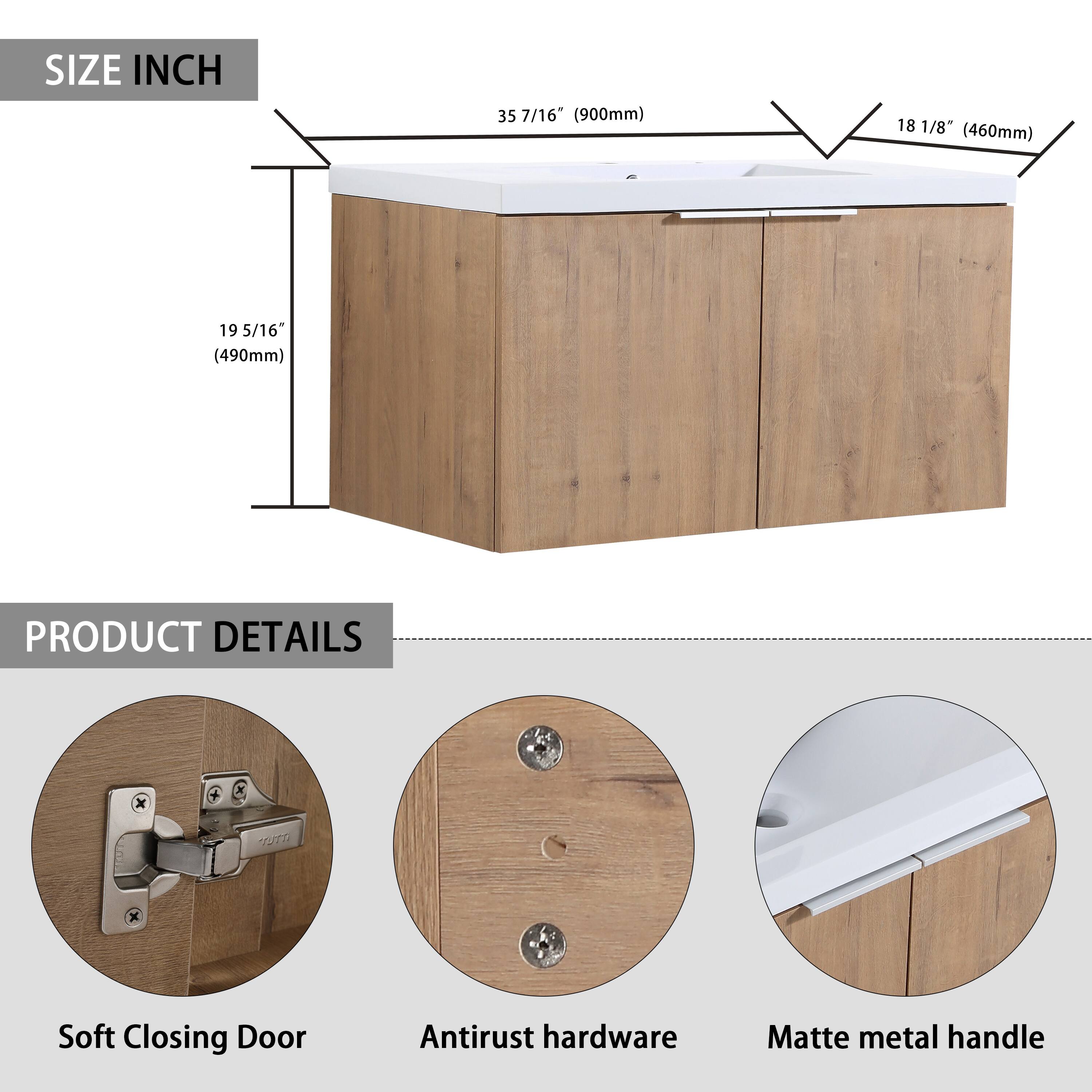 **SIZE INCH**

- 35 7/16" (900mm)
- 18 1/8" (460mm)
- 19 5/16" (490mm)

**PRODUCT DETAILS**

- Soft Closing Door
- Antirust hardware
- Matte metal handle