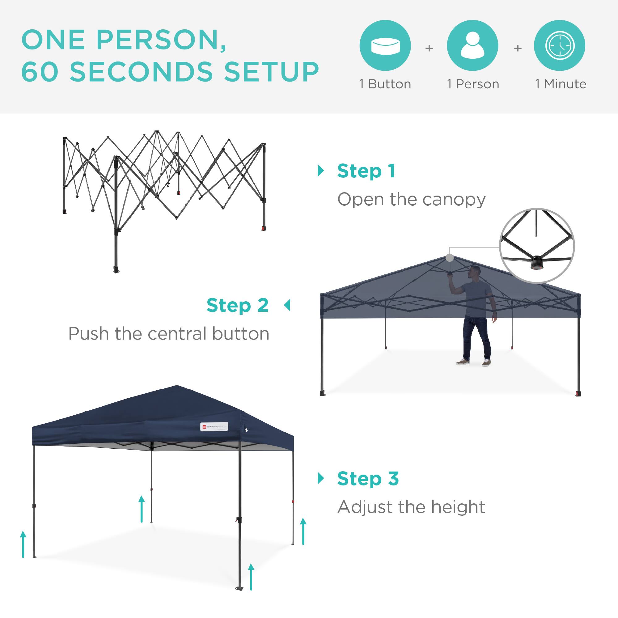ONE PERSON, 60 SECONDS SETUP

1 Button + 1 Person + 1 Minute

Step 1
Open the canopy

Step 2
Push the central button

Step 3
Adjust the height