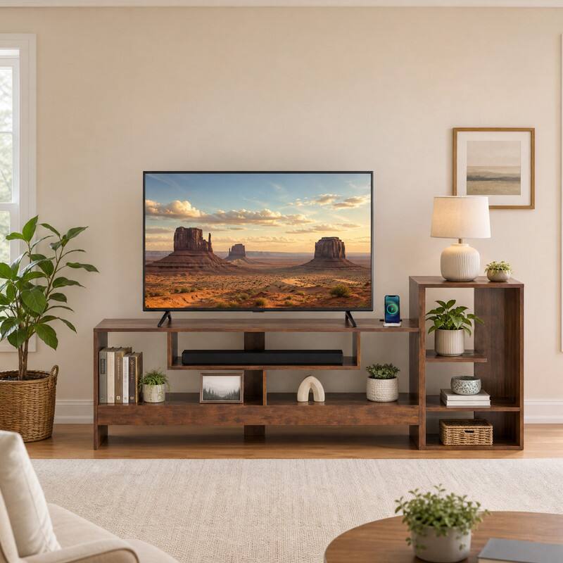 Angle. WELLFOR - Cube TV Stand for TVs up to 55", Entertainment Center  with Power Outlets and Open Storage Shelves - Rustic Brown.