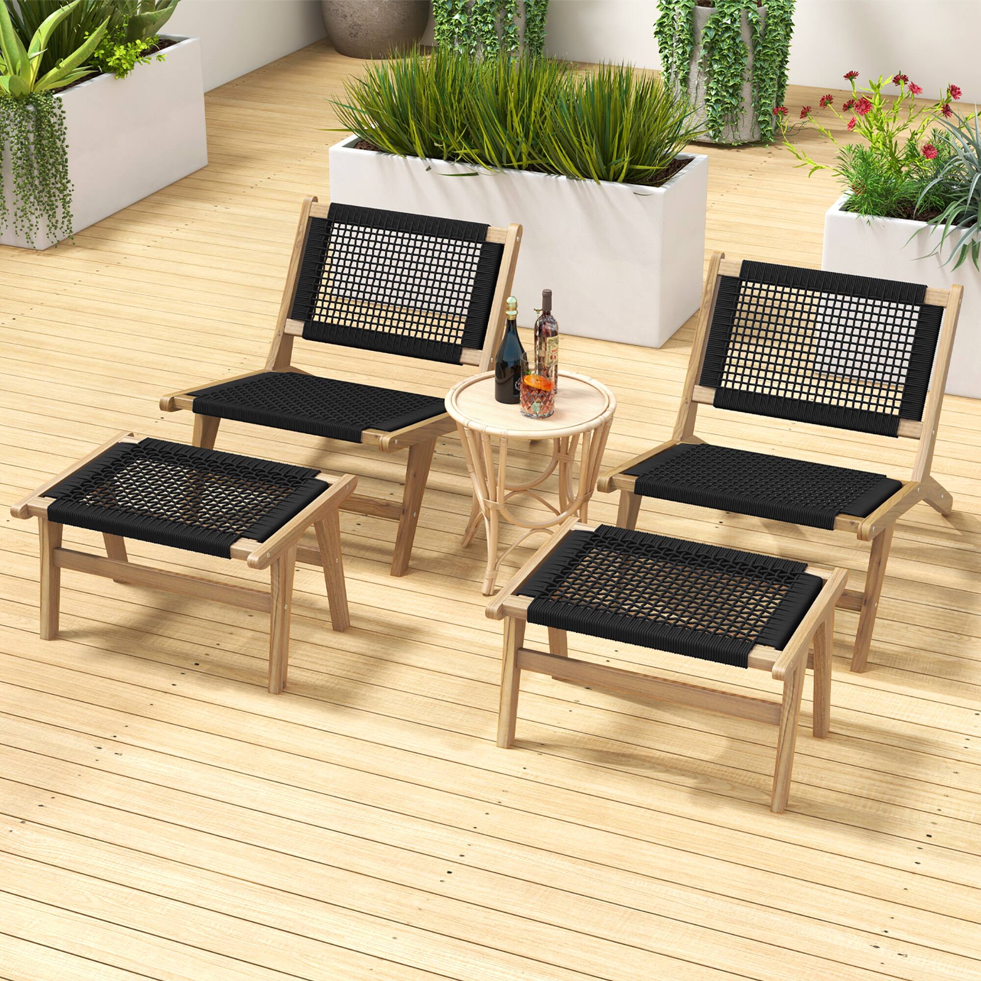 Alt View 3. Gymax - Gymax 2PCS Teak Ottoman Footstool w/ Handwoven Cordage for Patio Porch Balcony Lawn - Natural, Black.