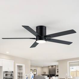 Breezary - 52'' Flush Mount Ceiling Fan, 3-Color Light, 5 Plywood Blades, DC Motor, 6-Speed Remote Control, Timer & Memory - Matte Black and Deep Wood Grain