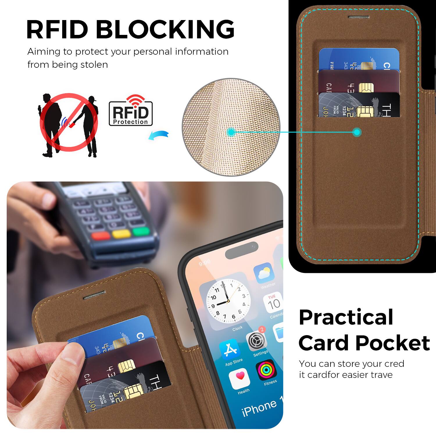 RFID BLOCKING  
Aiming to protect your personal information from being stolen

RFID Protection

Practical Card Pocket  
You can store your credit card for easier travel