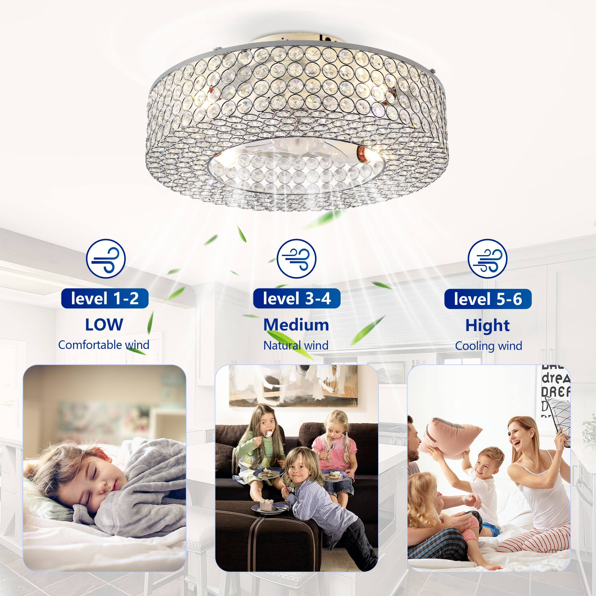 - Level 1-2: LOW Comfortable wind
- Level 3-4: Medium Natural wind
- Level 5-6: High Cooling wind