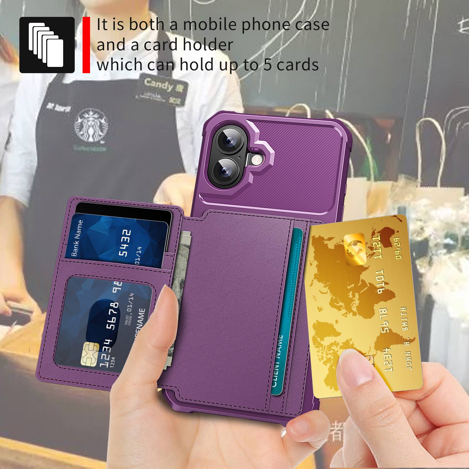 It is both a mobile phone case and a card holder which can hold up to 5 cards

Candy Name Bank
5432 01/14 8 01/14 5678
VALID

WOR ENAME
1234 1234

NAME
CLIENT
IST
PS\PO
TH
5618
SHIT
H
HE2T
JOHN