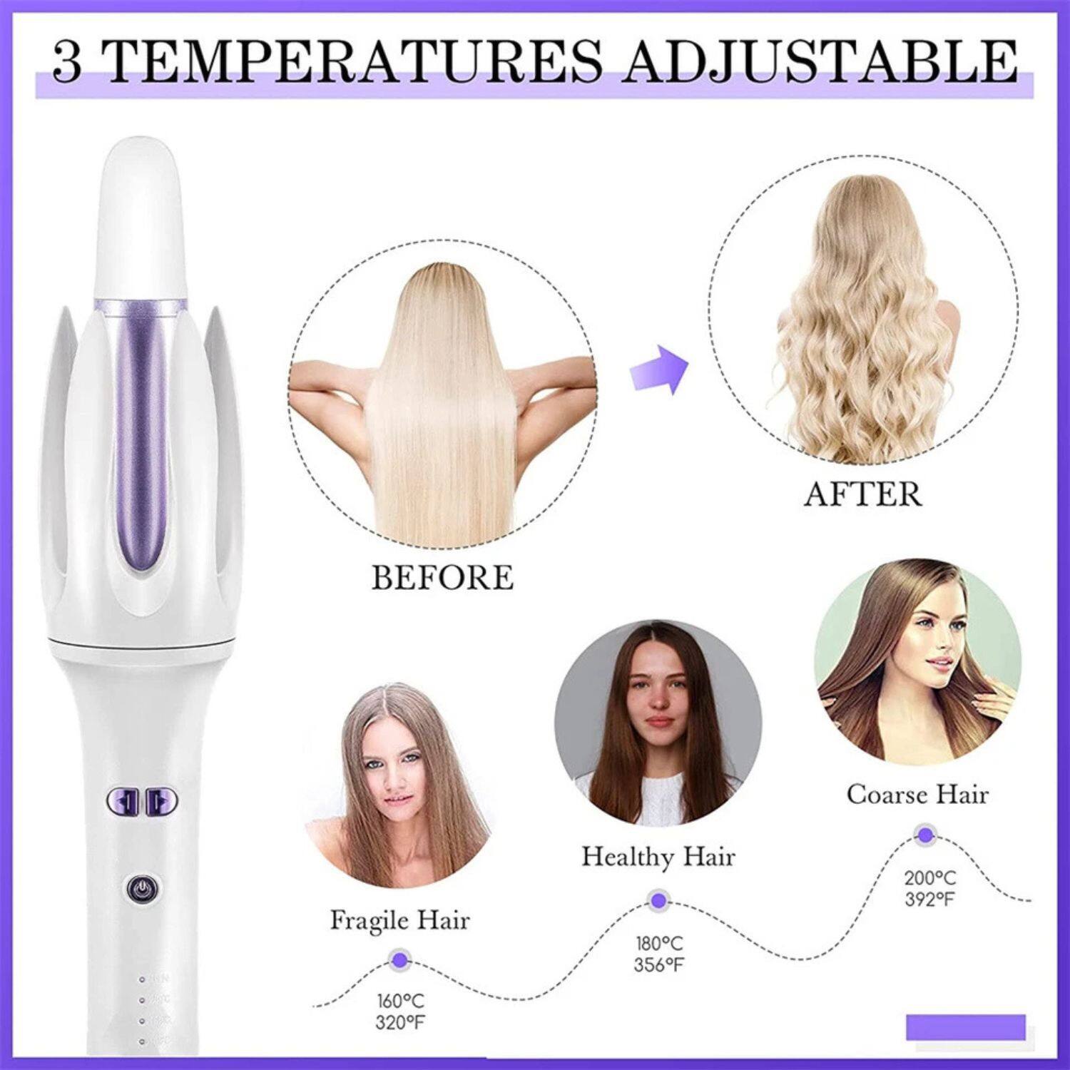3 TEMPERATURES ADJUSTABLE

BEFORE AFTER

Fragile Hair 160°C 320°F

Healthy Hair 180°C 356°F

Coarse Hair 200°C 392°F
