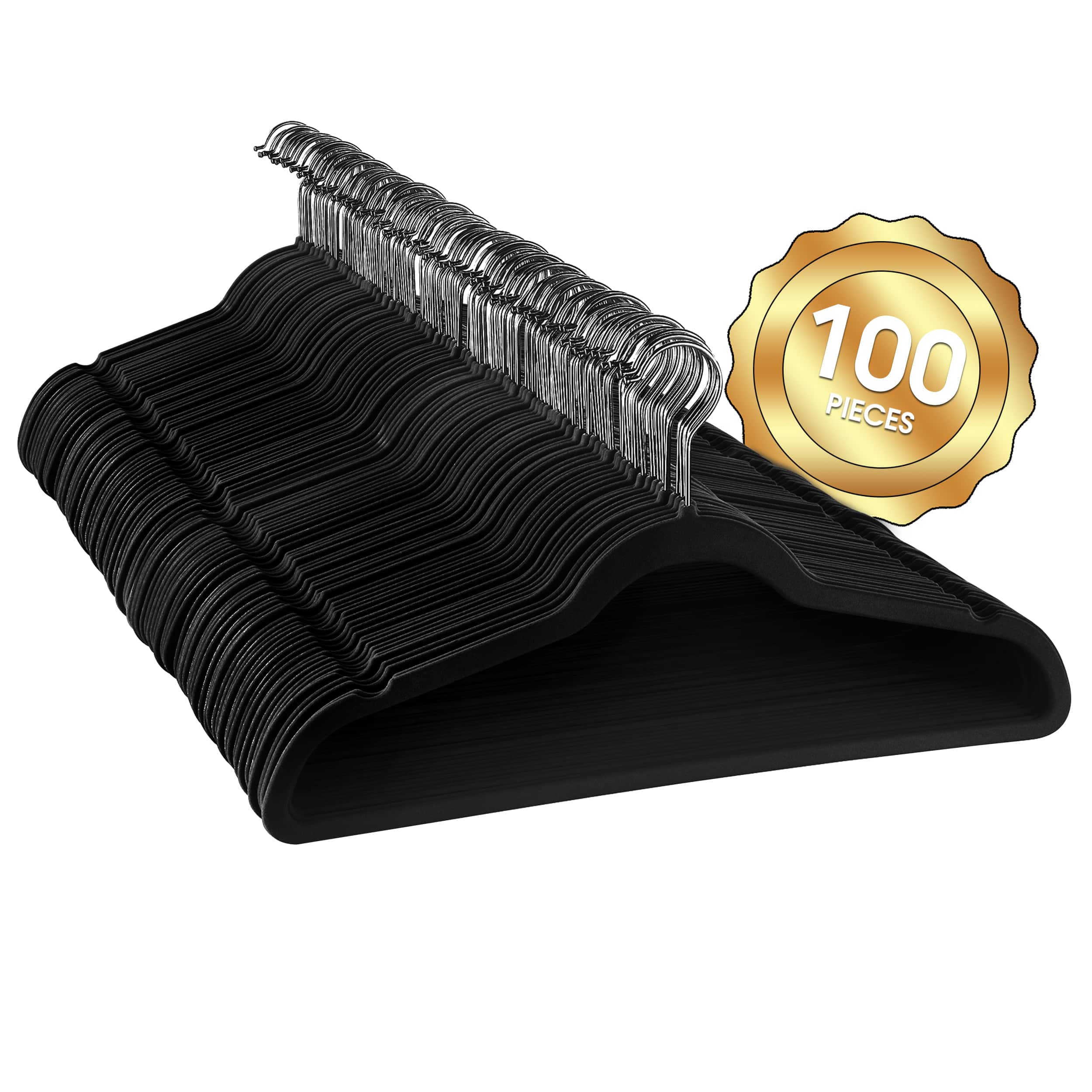 Elama - 100 Piece Set of Velvet Slim Profile Heavy Duty Felt Hangers with Stainless Steel Swivel Hooks - Black