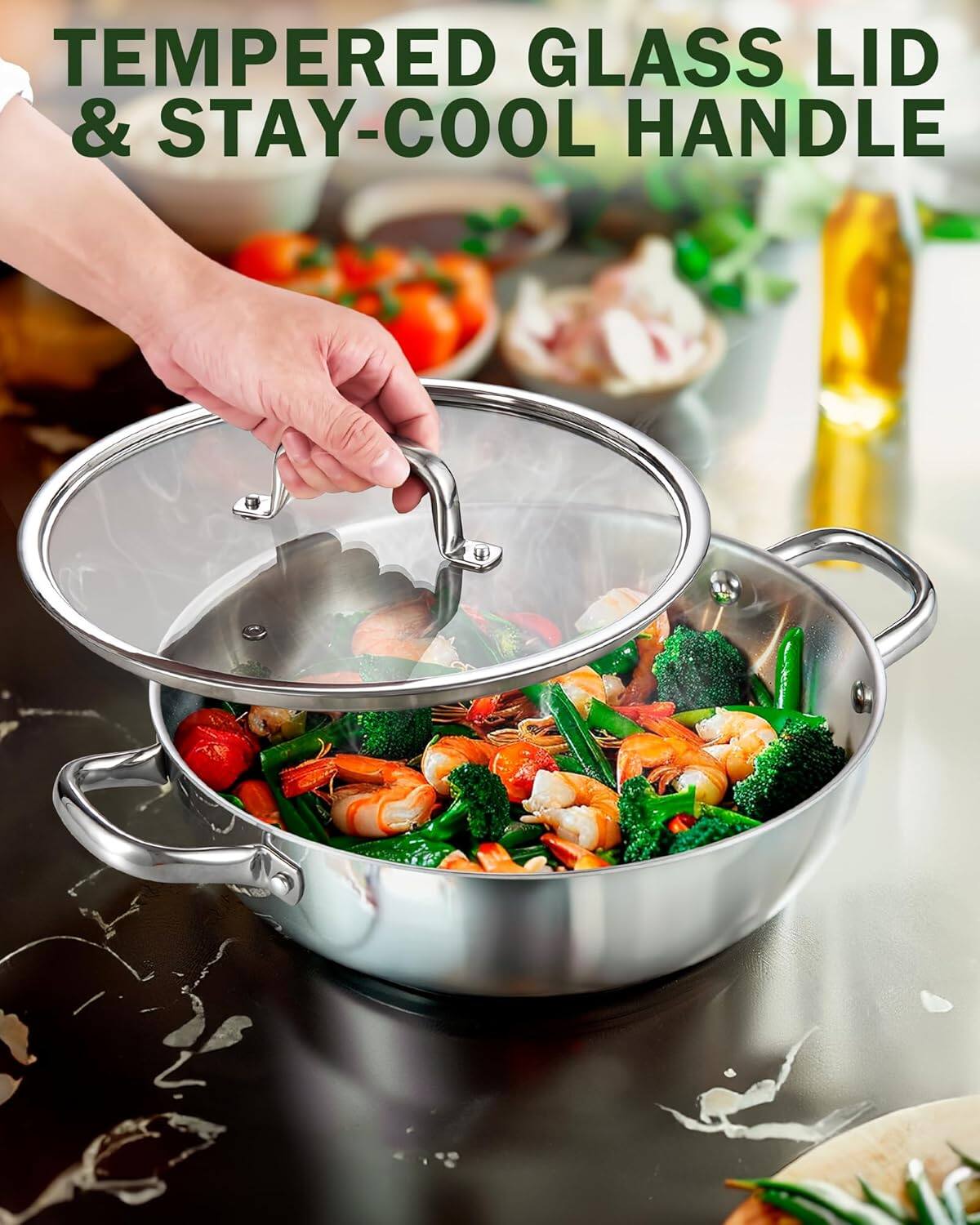 TEMPERED GLASS LID & STAY-COOL HANDLE