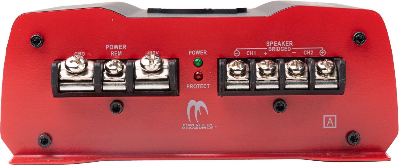 GND POWER REM 12V POWER SPEAKER BRIDGED CH1 + CH2 + PROTECT POWERED BY MAXXSONICS A