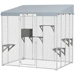 Pawhut - 79" Large Catio Outdoor Enclosure, Galvanized Steel, 420D Waterproof Canopy, 1-3 Large Cats, Sleeping Box, Platforms