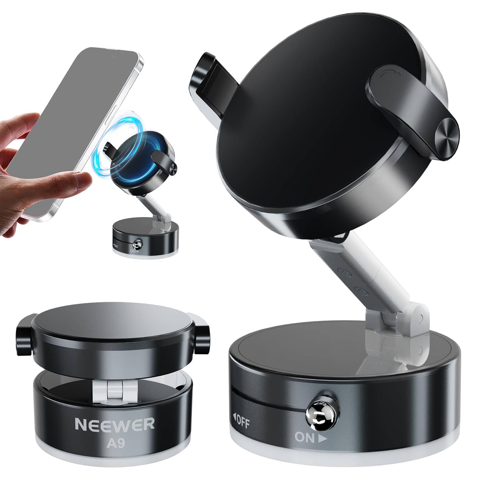 Neewer - Entry-Level Magnetic Car Phone Mount - Foldable Stand with Suction Cup for Windshield & Dash - Black