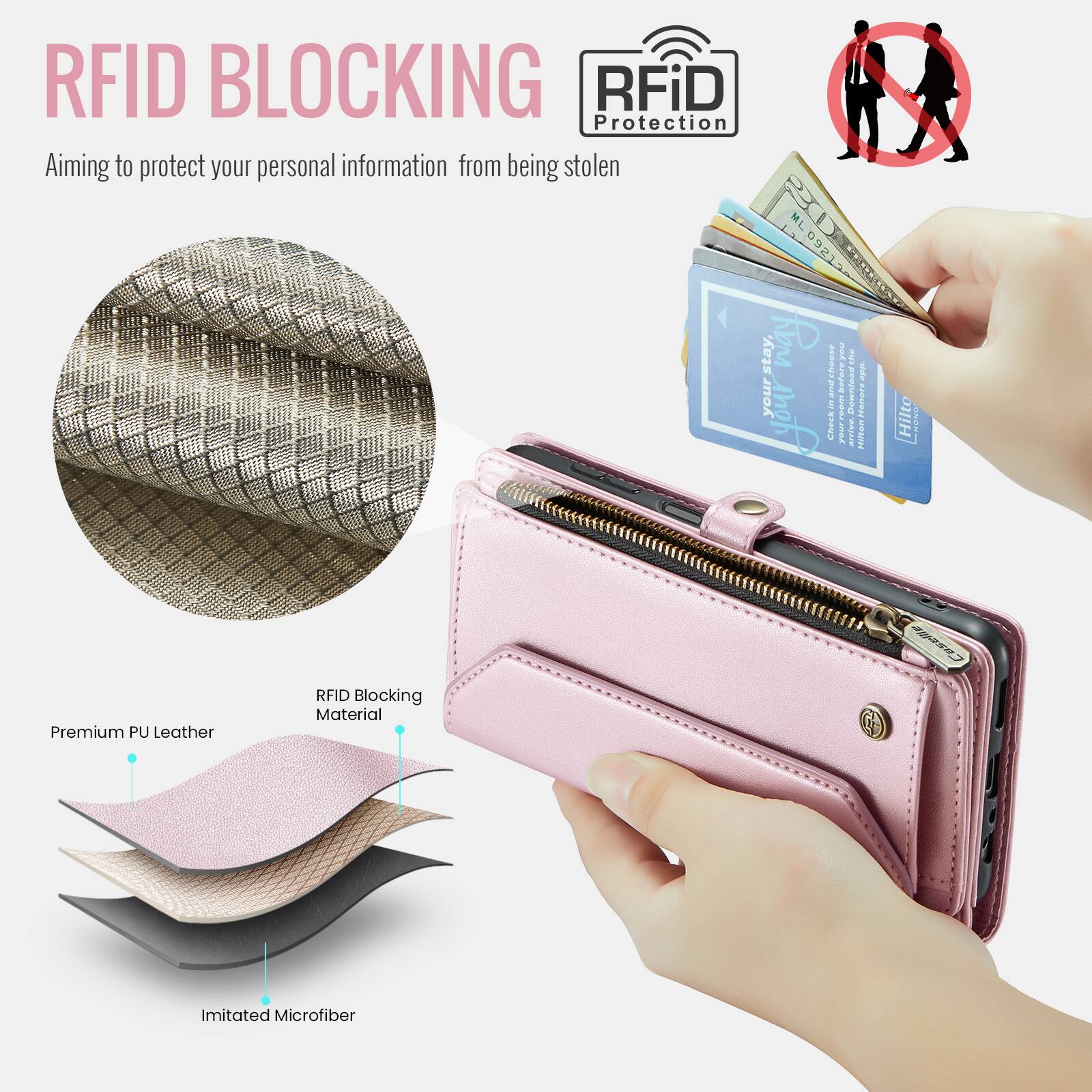 RFID BLOCKING  
Aiming to protect your personal information from being stolen  

RFiD Protection  

Premium PU Leather  
RFID Blocking Material  
Imitated Microfiber
