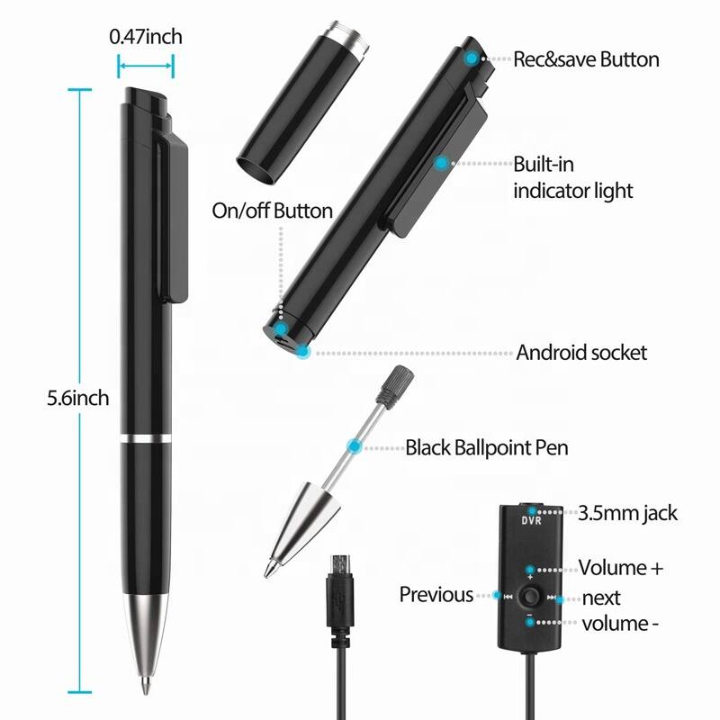 0.47 inch  
5.6 inch  

Rec&save Button  
On/off Button  
Built-in indicator light  
Android socket  
Black Ballpoint Pen  
3.5mm jack  
Previous  
Volume +  
Next  
Volume -