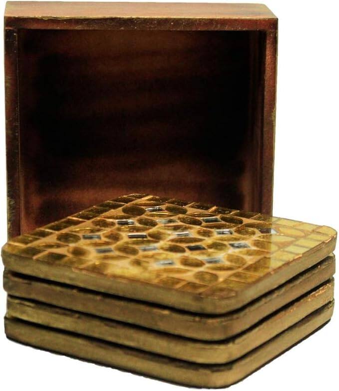 Angle. Amber Sporting Goods - Willowshire Rustic Mosaic Glass Coasters, Set of 4 with Holder – Handcrafted Artisan Gift - Multicolor.