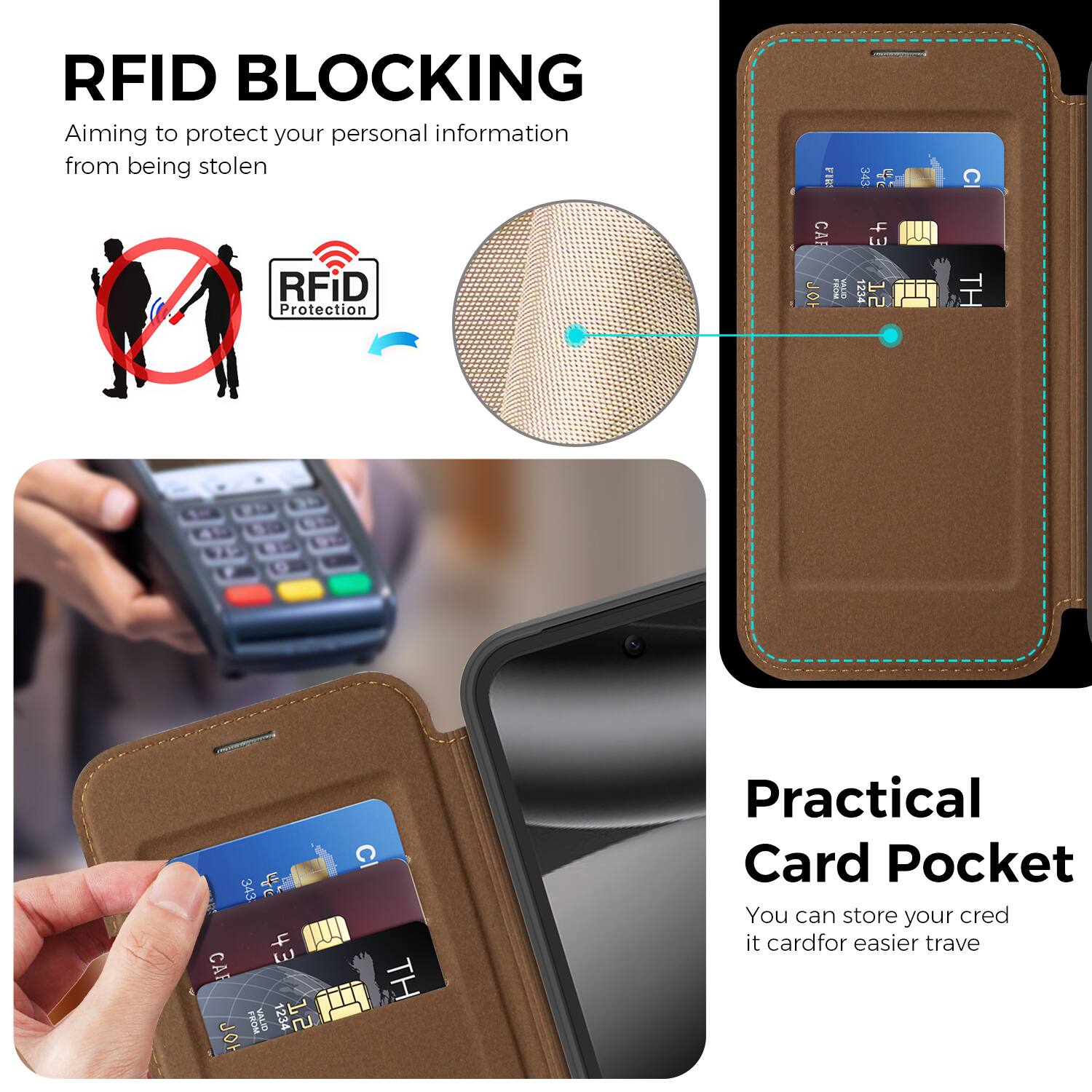 RFID BLOCKING  
Aiming to protect your personal information from being stolen

RFiD Protection

Practical Card Pocket  
You can store your credit card for easier travel