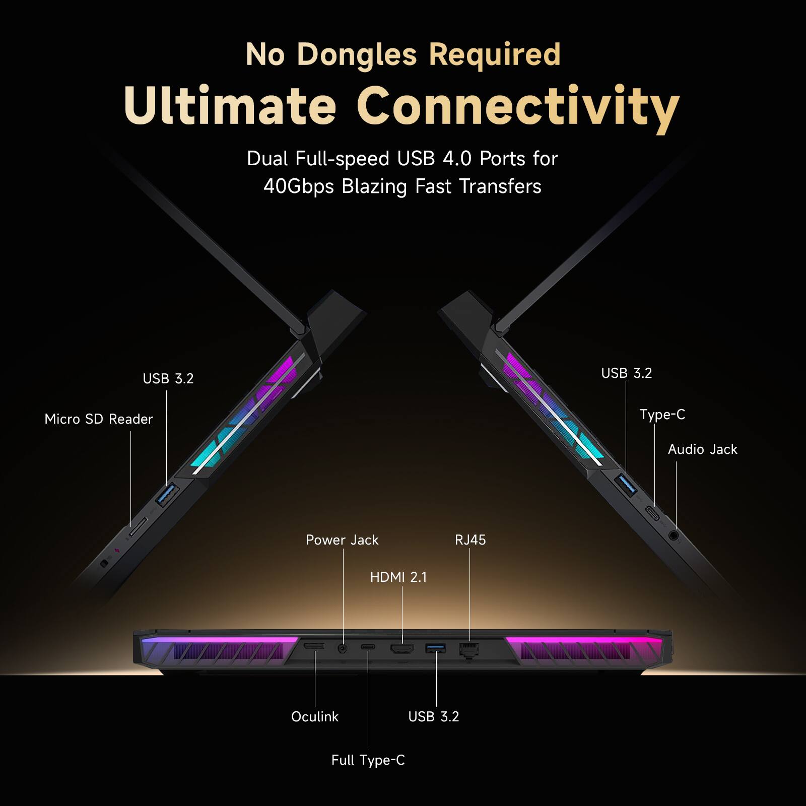 No Dongles Required  
Ultimate Connectivity  
Dual Full-speed USB 4.0 Ports for 40Gbps Blazing Fast Transfers  
USB 3.2  
USB 3.2 Micro SD Reader  
Type-C  
Audio Jack  
Power Jack  
RJ45  
HDMI 2.1  
Oculink  
USB 3.2 Full Type-C