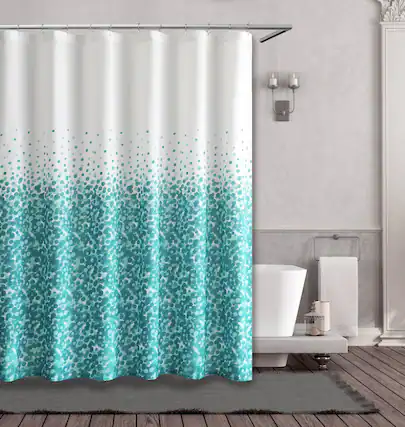 Front. Kate Aurora - Kate Aurora Lux Teal & White Abstract Bubbles Fabric Shower Curtain - Standard Size - Blue.