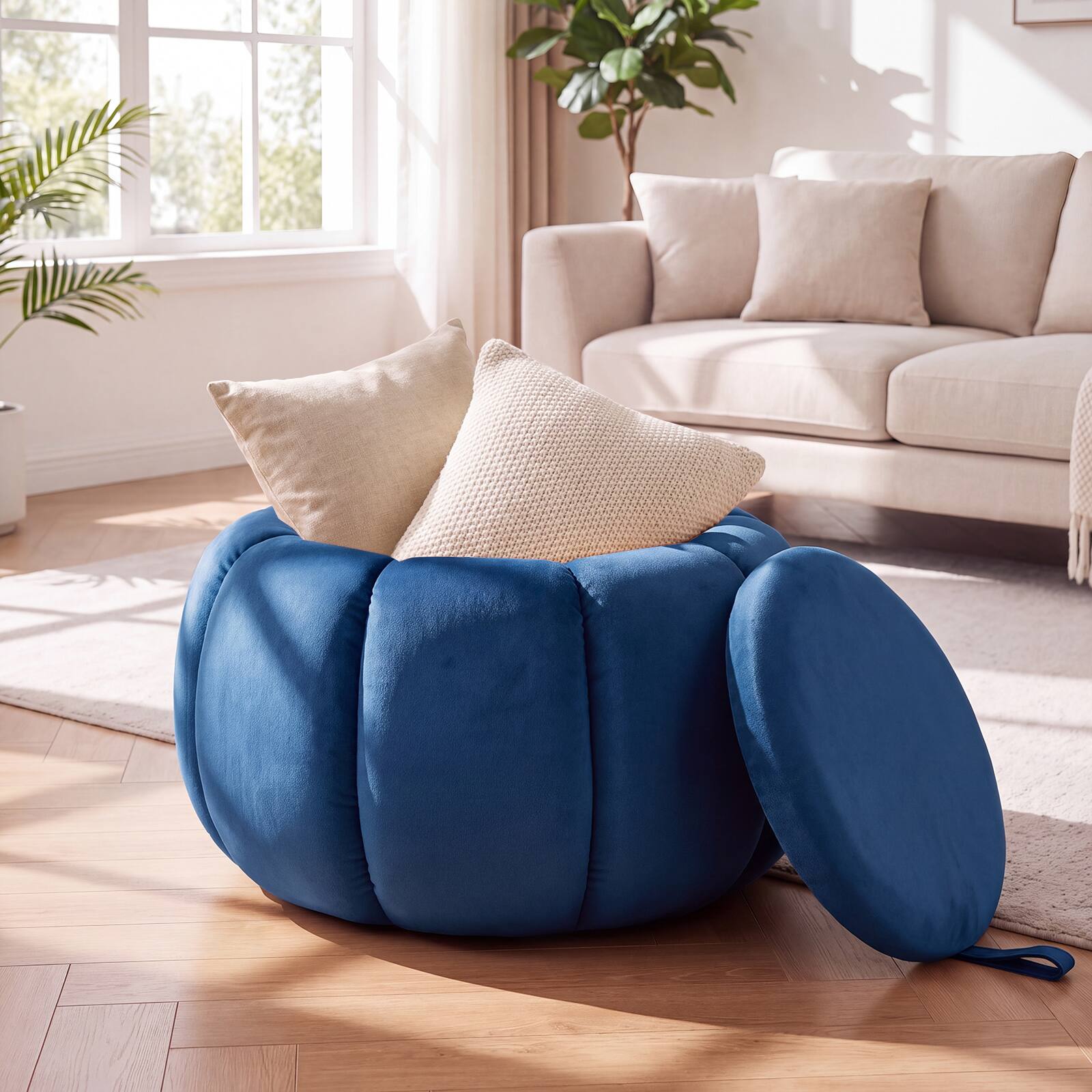 Alt View 3. Costway - Costway Pumpkin Ottoman with Hidden Storage Removable Lid Velvet Fabric Anti-slip Foot Pads - Blue.