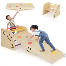 Costway - Wooden Climbing Toy Triangle Climber Set of 2 with Seesaw Dual-sided Ramp Indoor - Colorful