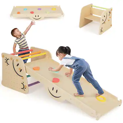 Front. Costway - Costway Wooden Climbing Toy Triangle Climber Set of 2 with Seesaw Dual-sided Ramp Indoor - Colorful.