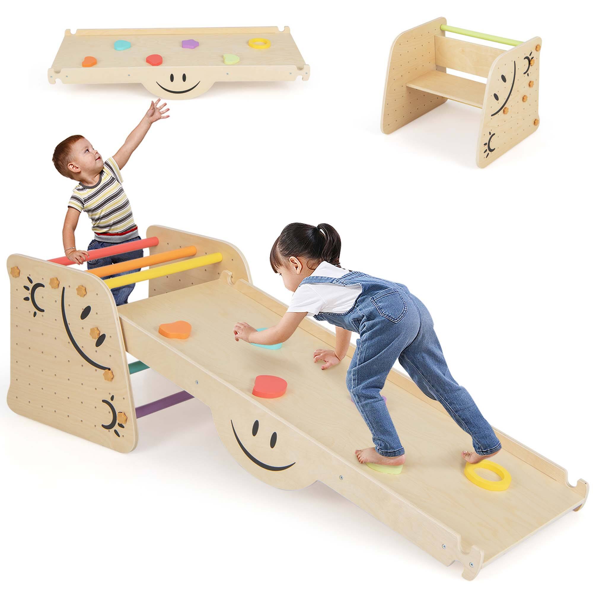 Costway - Wooden Climbing Toy Triangle Climber Set of 2 with Seesaw Dual-sided Ramp Indoor - Colorful