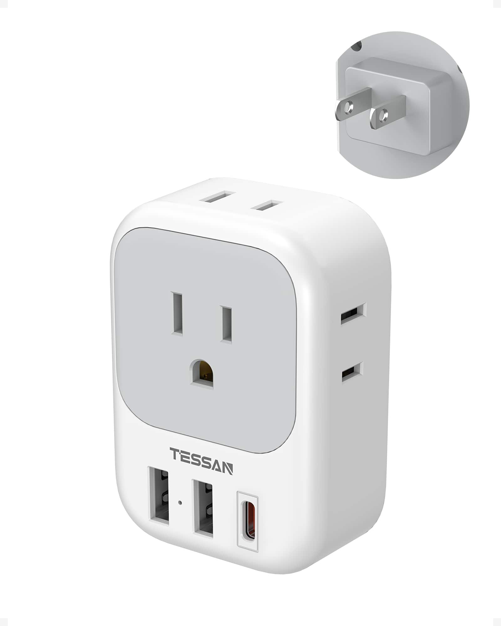 TESSAN - 2 Prong to 3 Prong Outlet Adapter, 7-in-1 Wall Extender with 4 AC Outlets and 3 USB Ports (20W PD USB-C), 1 Pack - Gray,White