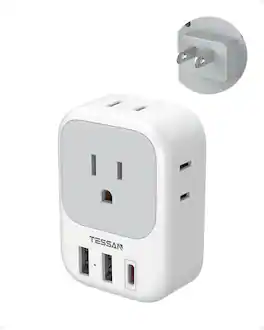 TESSAN - 2 Prong to 3 Prong Outlet Adapter, 7-in-1 Wall Extender with 4 AC Outlets and 3 USB Ports (20W PD USB-C), 1 Pack - Gray,White