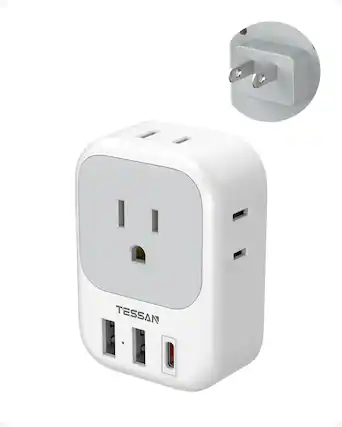 Front. TESSAN - US to Japan Travel Plug Adapter, 2 Prong to 3 Prong Wall Extender with 4 AC Outlets and 3 USB Ports (20W PD USB-C) - Gray,White.