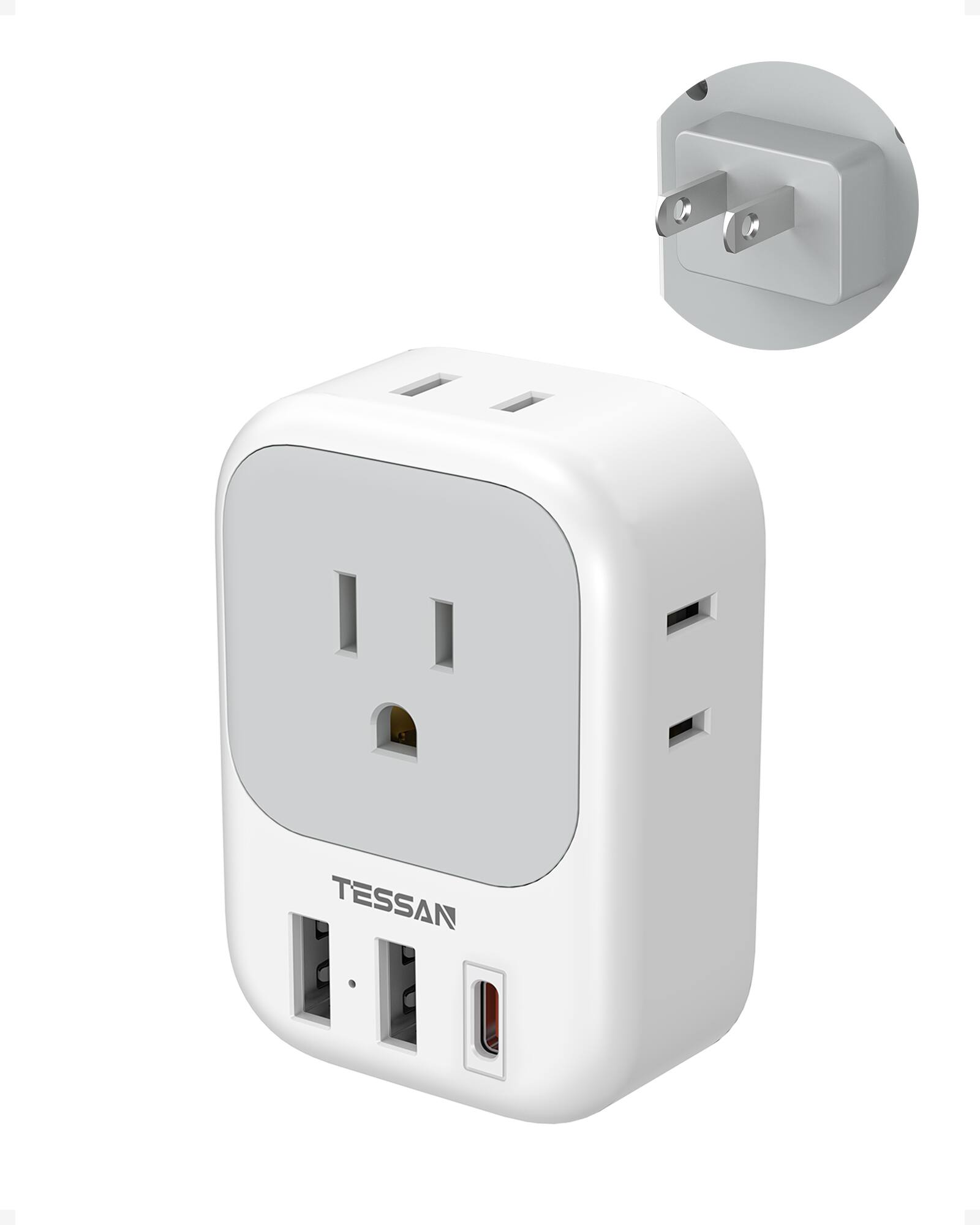 Front. TESSAN - 2 Prong to 3 Prong Outlet Adapter, 7-in-1 Wall Extender with 4 AC Outlets and 3 USB Ports (20W PD USB-C), 1 Pack - Gray,White.