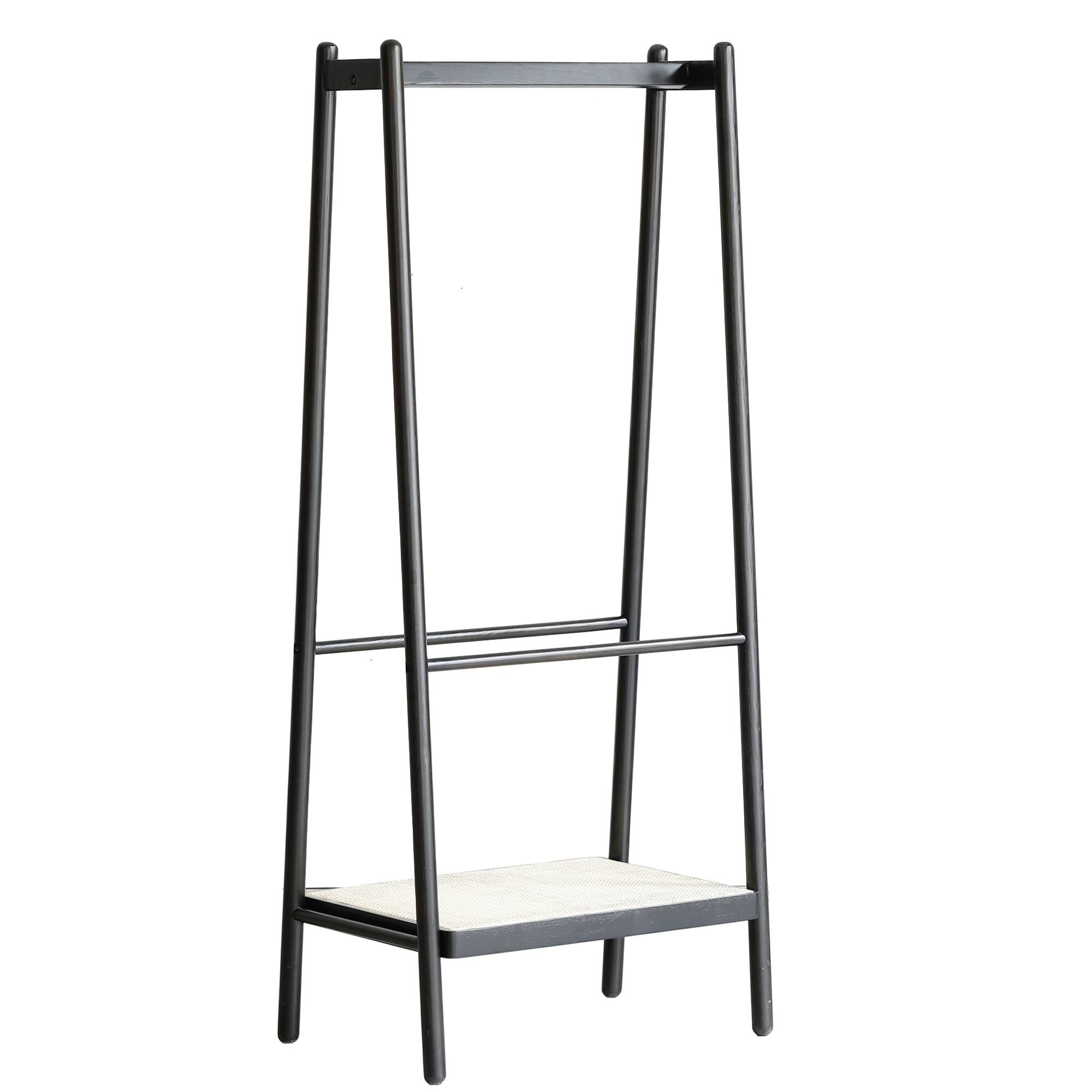 Front. GOODSILO - Solid Wood Garment Rack with Shelves and Rattan Details, Freestanding Clothes Hanging Storage Organizer - Black.