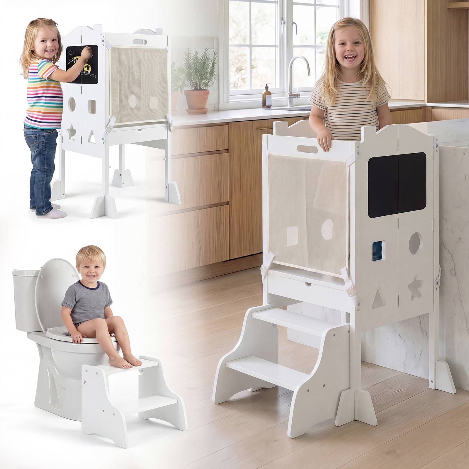 Alt View 3. Gymax - Gymax Foldable Toddler Step Stool w/Chalkboards 2-Step Stool Hollowed-out Patterns White - White.