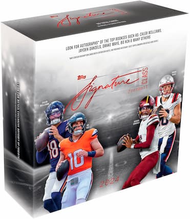 The text on the image reads: "Look for autographs from top rookies like Daniels, Maye, and Drake on Topps Class football cards. Purchase necessary. Jayden Daniels, Dante Pettis, and Javon Williams are among the many other top rookies featured on these cards. Topps Class cards contain redemption dates with expiration."