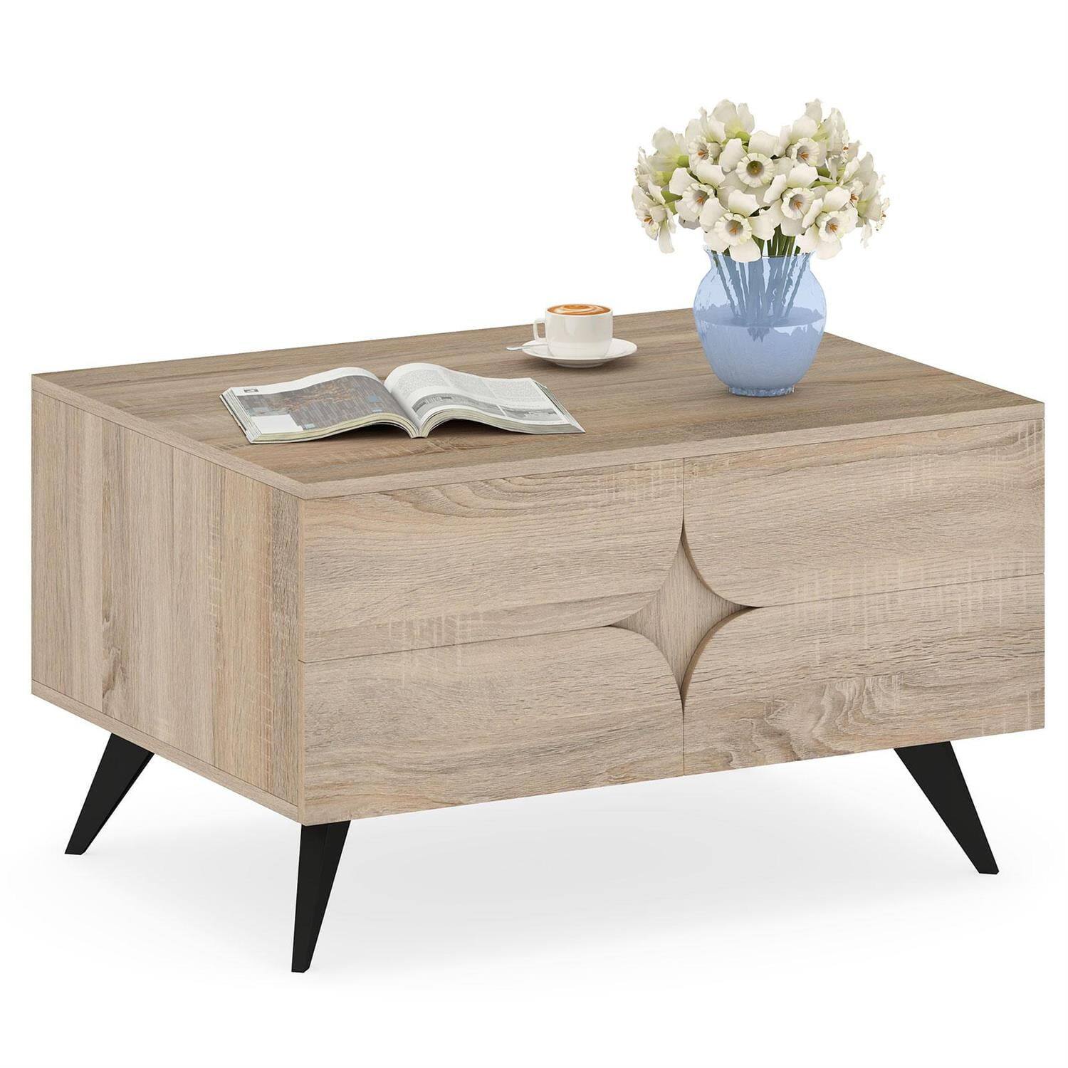 Front. Pefilos - Farmhouse Modern Coffee Table, 3-Door Storage Cabinet, Thickened Board Construction, Living/Bedroom Versatile, Natural - Brown.