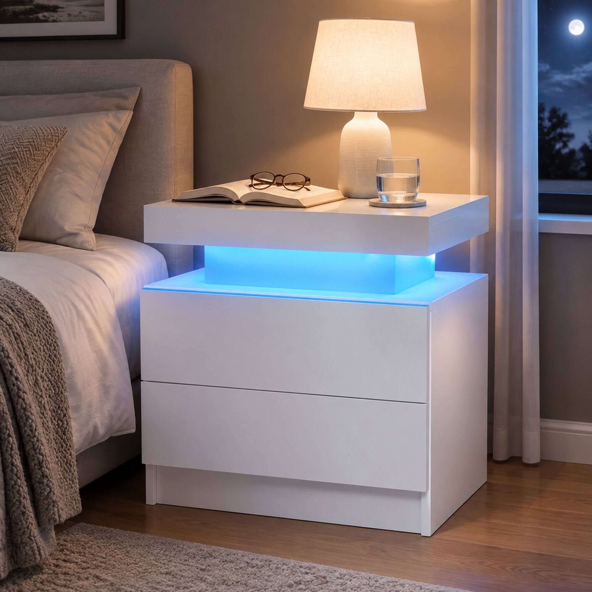 Back. RYHNUYNE - LED Nightstand with 2 Drawers, Modern Bedside Table, Multi-Color Lights, White End Table for Bedroom and Living Room - White.