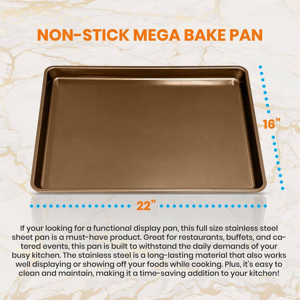 NON-STICK MEGA BAKE PAN

16"  
22"

If you're looking for a functional display pan, this full size stainless steel sheet pan is a must-have product. Great for restaurants, buffets, and catered events, this pan is built to withstand the daily demands of your busy kitchen. The stainless steel is a long-lasting material that also works well displaying or showing off your foods while cooking. Plus, it's easy to clean and maintain, making it a time-saving addition to your kitchen!
