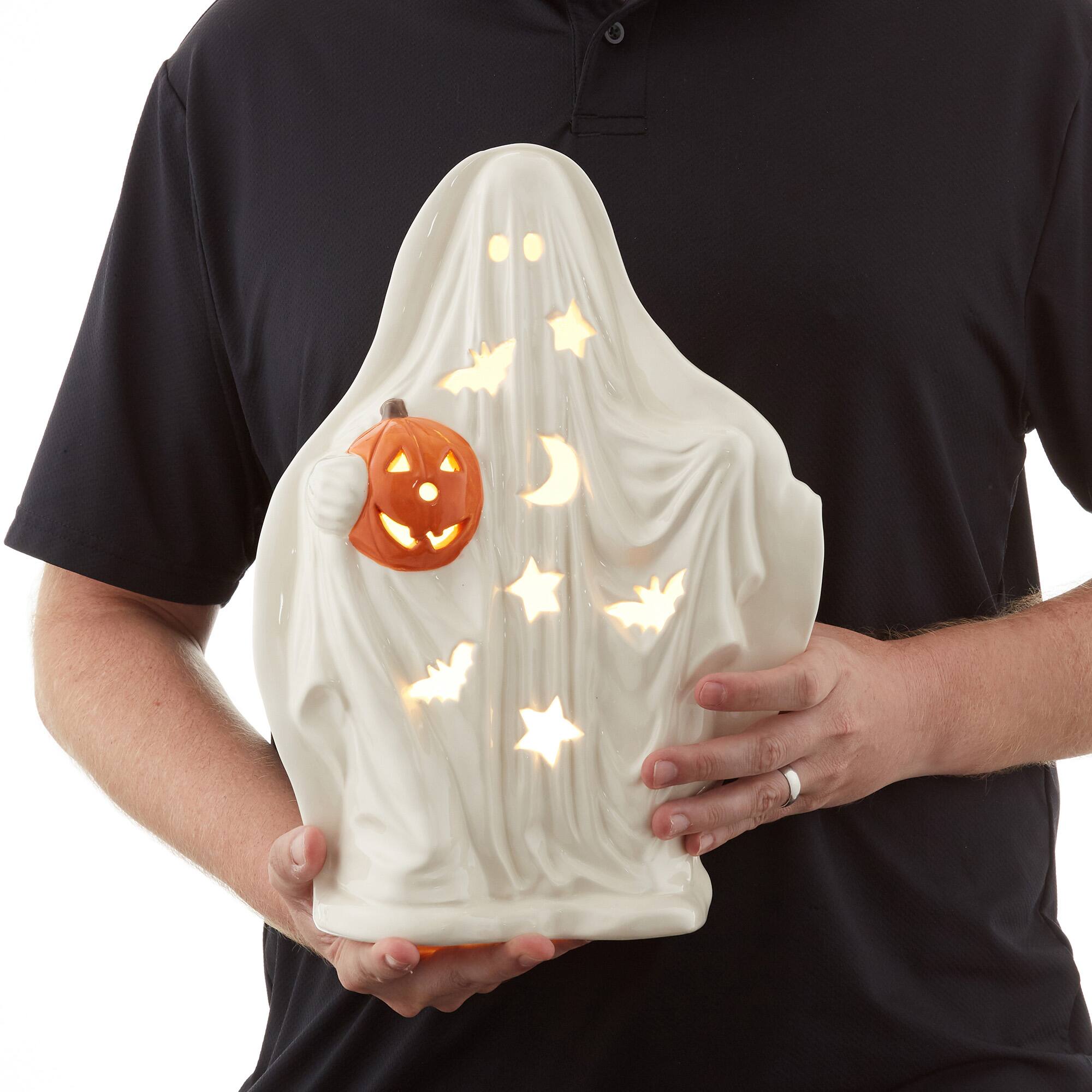Alt View 3. Casafield - Pre-Lit Ceramic Halloween Hand-Painted Tabletop Indoor Home Decor - White Ghost.