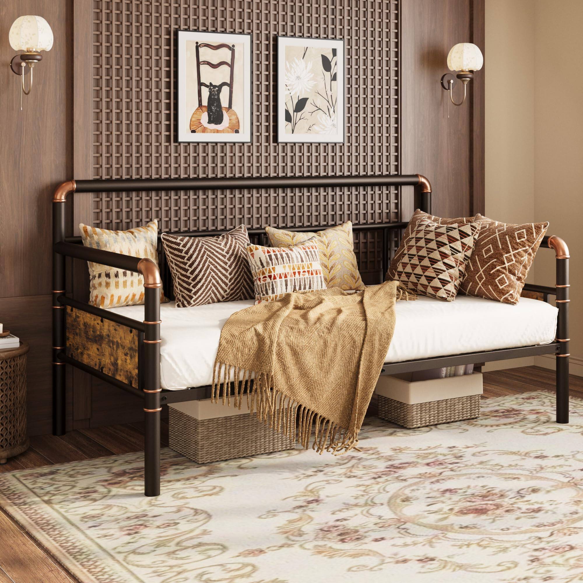 Alt View 5. Babevy - Metal Daybed Frame Twin Size,Heavy Duty Metal Twin Bed Frame,Daybed for Living Room Bedroom Guest Room - Brown.