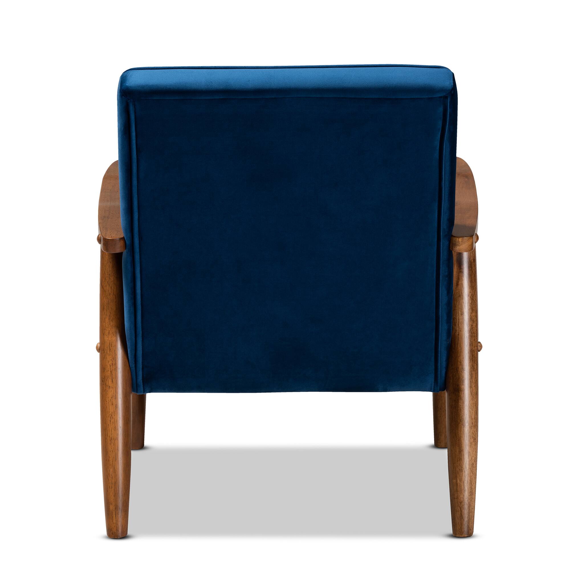 Back. Baxton Studio - Sorrento Mid-century Modern Velvet Fabric Upholstered Walnut Finished Wooden Lounge Chair - Navy Blue/Brown.
