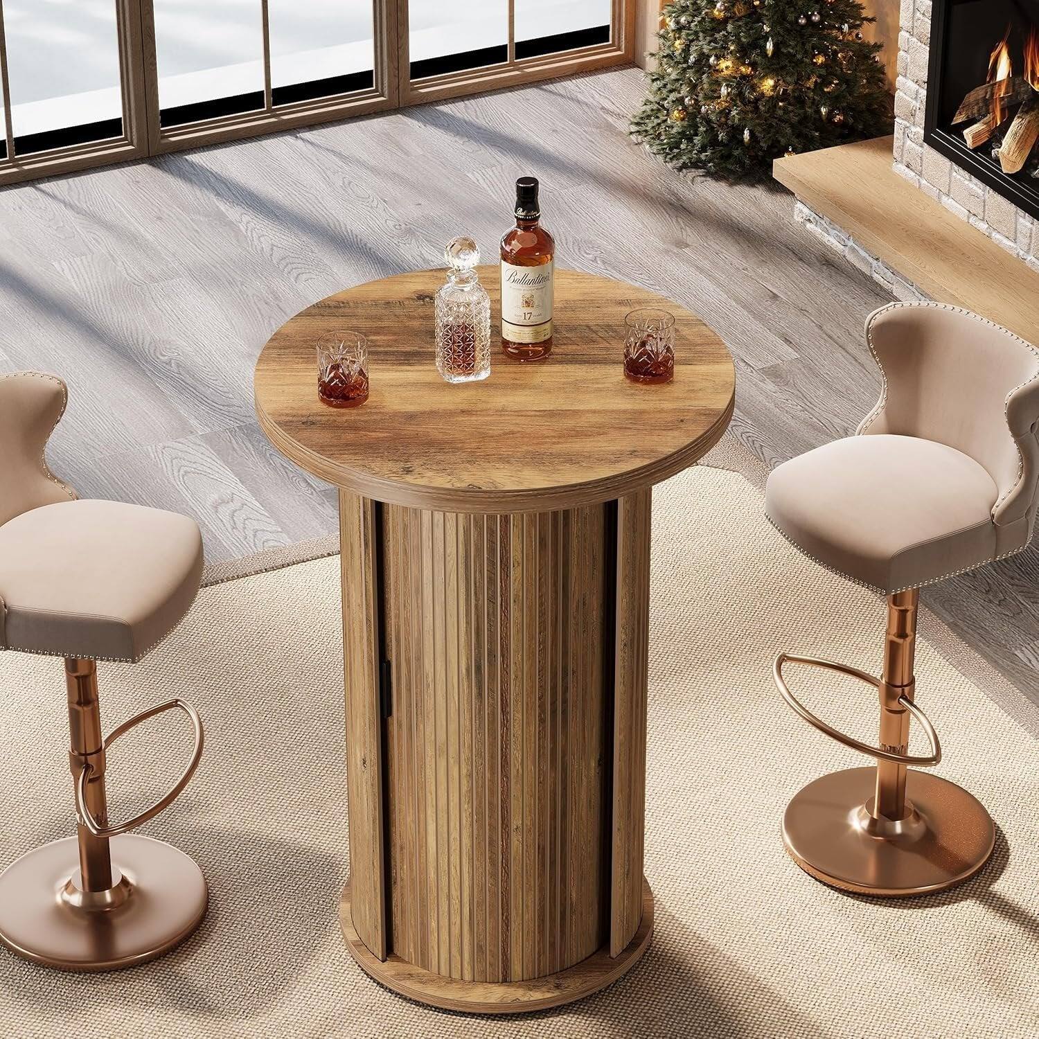 Alt View 4. Tribesigns - Bar Table with Engineered Wood Construction, Storage Shelves and Round Top for Dining Room and Kitchen - Brown.